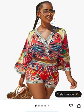 Vibrant Tropical Two-Piece Shorts Set - Red Multi